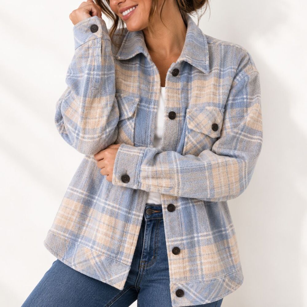 Boston Traders Shacket Womens L Blue Beige Plaid Flannel Button Shirt Jacket